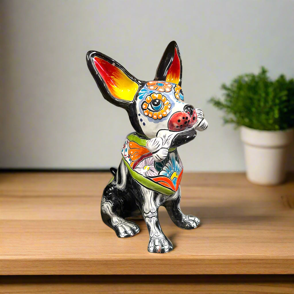 Talavera Chihuahua Holding Bone | Day of the Dead Dog Figurine